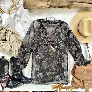 Semi sheer boho blouse w sequence/beaded detailing paisley Gypsy western vibe